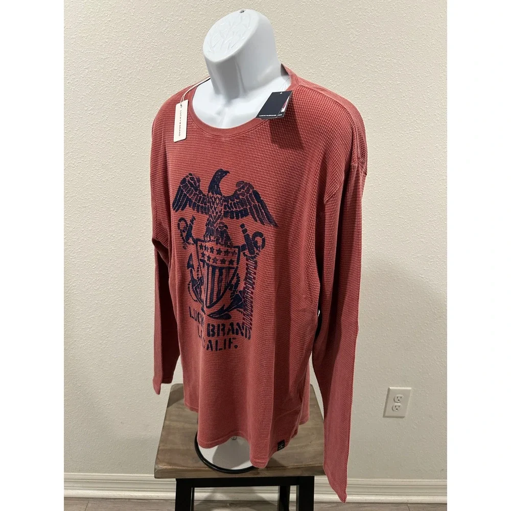 Lucky Brand Mens XL Waffle Knit Thermal Graphic Eagle Crest Shirt Red NEW - Picture 2 of 8